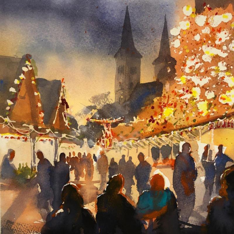 Gemälde Bonner Weihnachtsmarkt  von Jones Henry | Gemälde Figurativ Landschaften Urban Aquarell