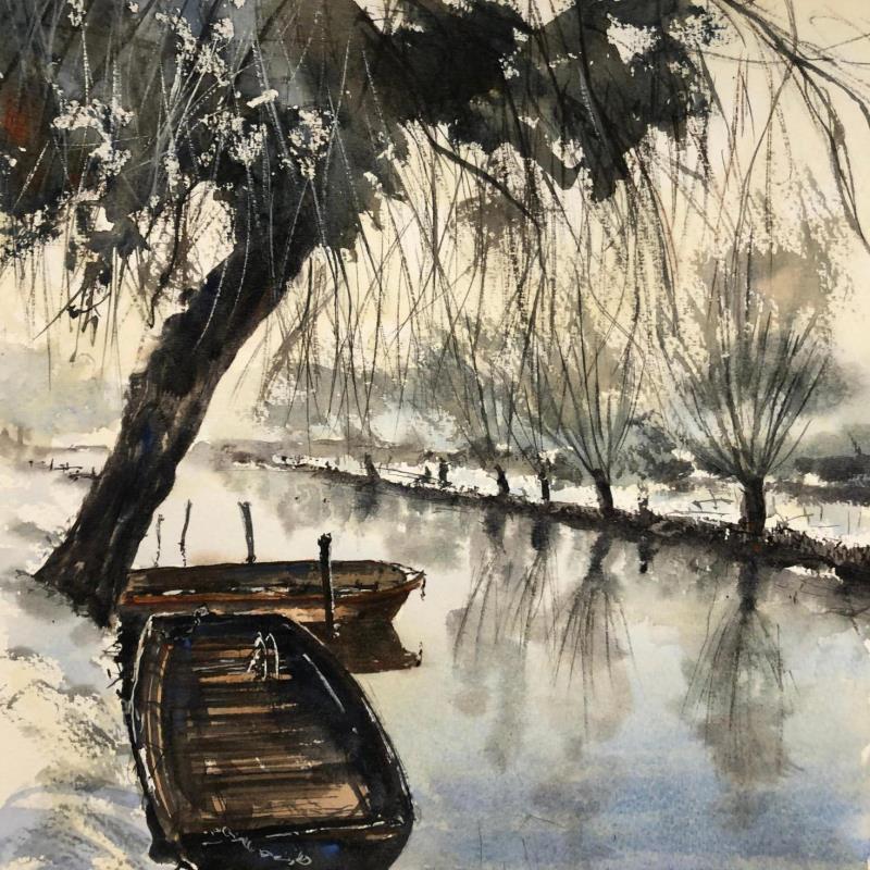 Peinture Repos hivernal par Jones Henry | Tableau Figuratif Aquarelle Paysages, Urbain