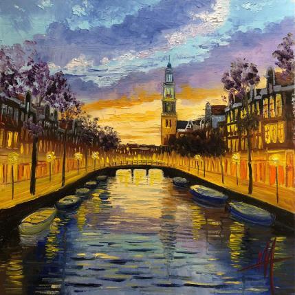 Painting Amsterdam, prinsegracht. Spring evening by De Jong Marcel | Painting Figurative Oil Landscapes, Urban