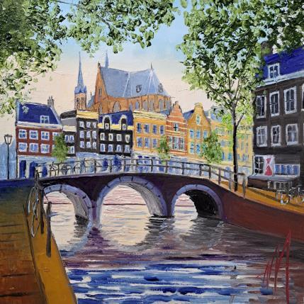 Peinture Amsterdam, leidse gracht. Spring bloom par De Jong Marcel | Tableau Figuratif Huile Paysages, Urbain