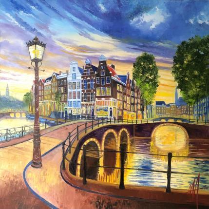 Gemälde Amsterdam,leidse gracht.Spring evening von De Jong Marcel | Gemälde Figurativ Öl Landschaften, Urban