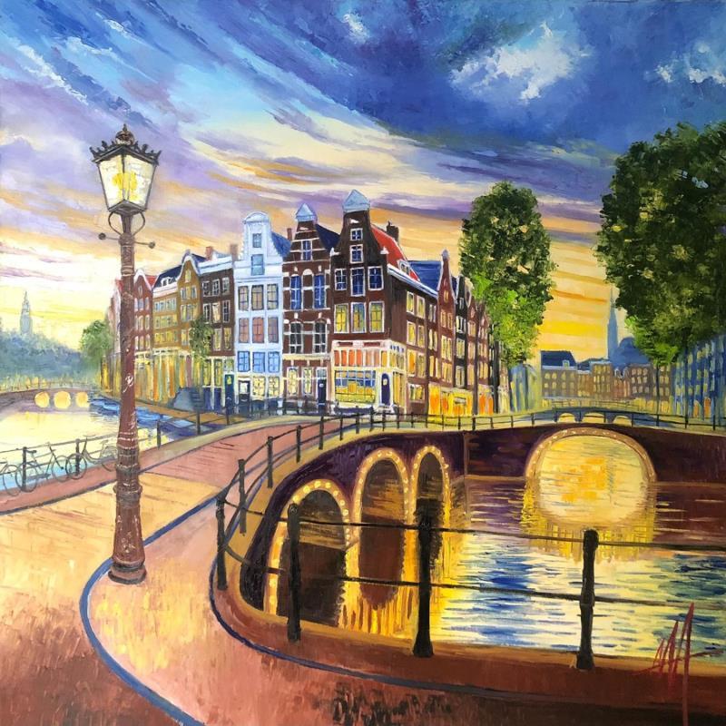 Painting Amsterdam,leidse gracht.Spring evening by De Jong Marcel | Painting Figurative Oil Landscapes, Urban