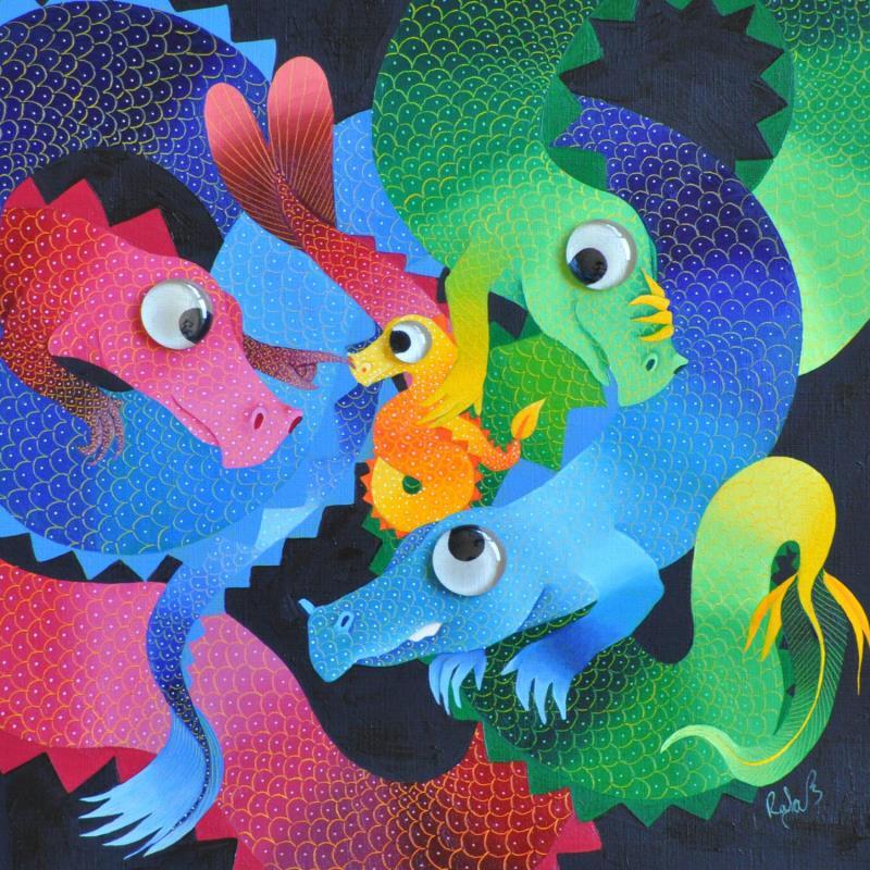 Painting Dragons Knots by Lennoz Raphaële | Painting Naive art Oil Animals