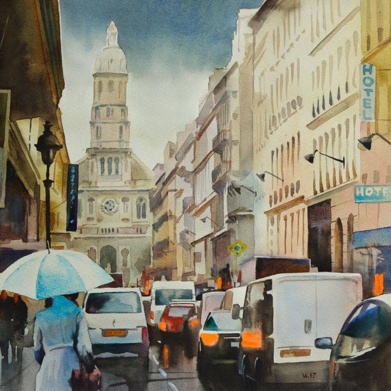 Painting Paris 5 by Khodakivskyi Vasily | Painting Figurative Watercolor Urban