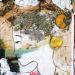 Gemälde Que dis le Kamon von Sablyne | Gemälde Art brut Alltagsszenen Holz Pappe Acryl Collage Tinte Pastell Textil Blattgold Upcycling Papier Pigmente