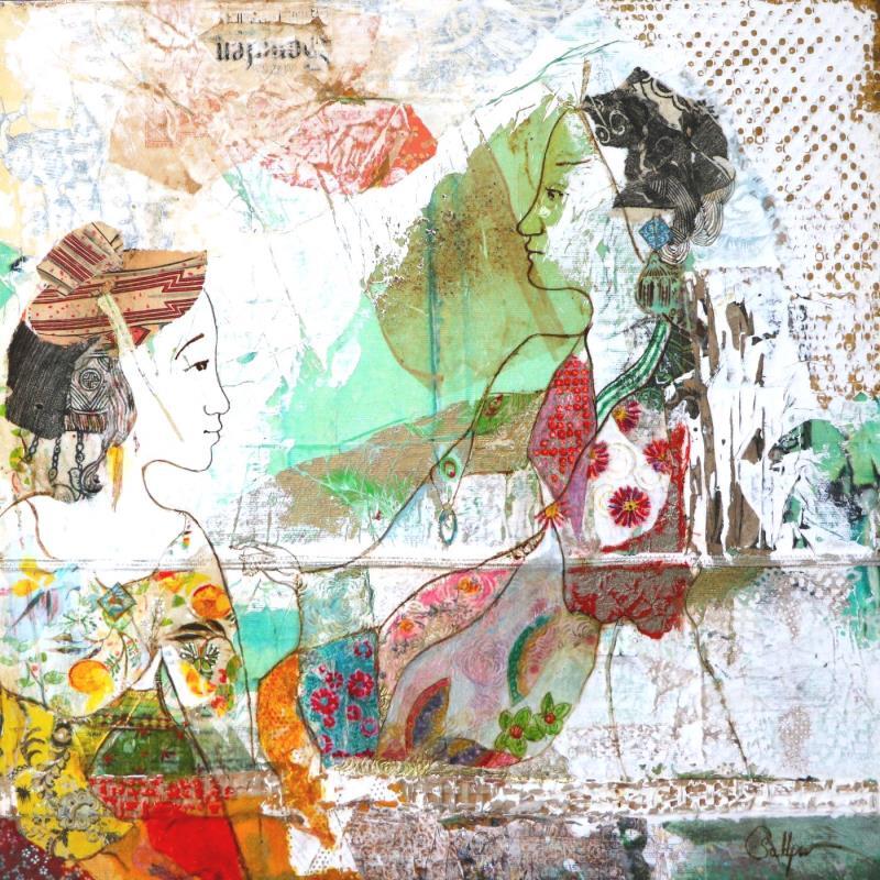 Gemälde Sois patiente  von Sablyne | Gemälde Art brut Acryl, Blattgold, Collage, Holz, Papier, Pappe, Pastell, Pigmente, Textil, Tinte, Upcycling Alltagsszenen