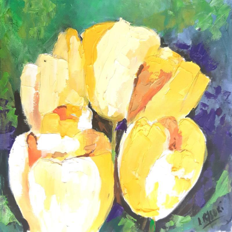 Painting Yellow and purple tulip 050223 by Laura Rose | Painting Figurative Oil still-life