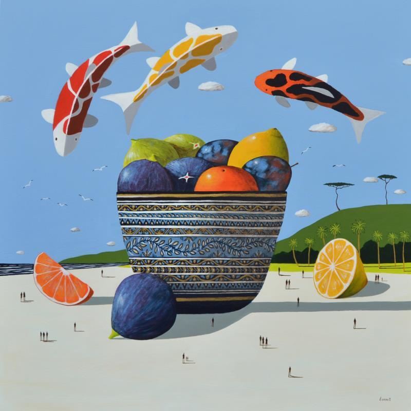 Peinture Coupe de fruits et carpes koï par Lionnet Pascal | Tableau Surréalisme Acrylique Animaux, Marine, Natures mortes
