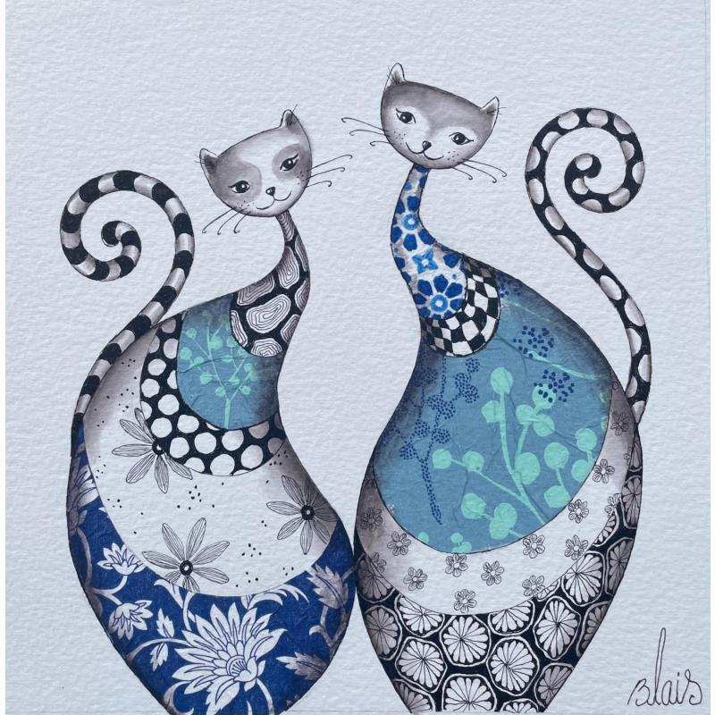Peinture Chats bleus  par Blais Delphine | Tableau Art naïf Animaux Acrylique