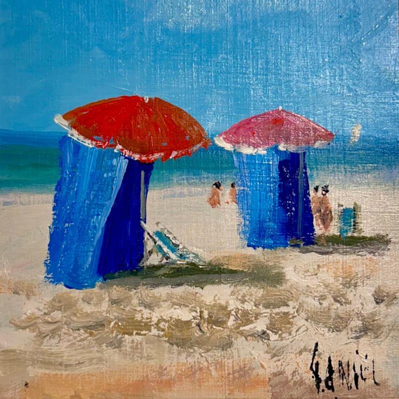 Gemälde Les parasols rouge et bleu von Daniel | Gemälde Figurativ Öl