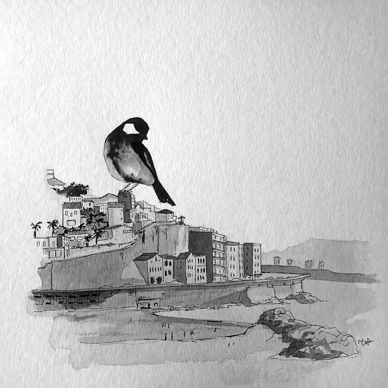 Painting La corniche by Mü | Painting Figurative Urban Animals Black & White Ink