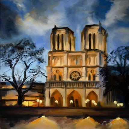 Painting Lumières de Notre Dame by Eugène Romain | Painting Figurative Oil Landscapes, Urban