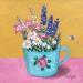 Peinture Fleurs dans une tasse rose avec abeille par Sally B | Tableau Art Singulier Acrylique Natures mortes