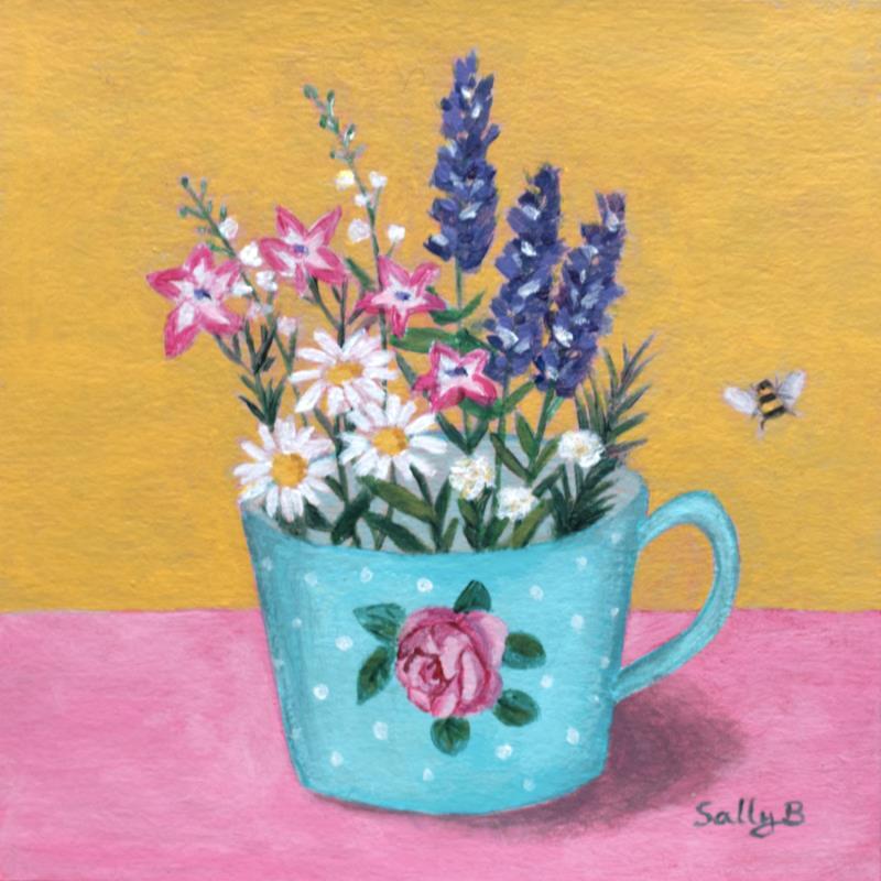 Painting Fleurs dans une tasse rose avec abeille by Sally B | Painting Raw art Acrylic still-life