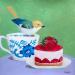 Peinture Oiseau sur une tasse avec gâteau fraise par Sally B | Tableau Art Singulier Animaux Natures mortes Acrylique