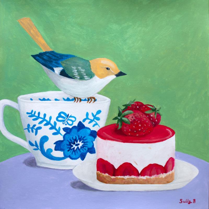 Painting Oiseau sur une tasse avec gâteau fraise by Sally B | Painting Raw art Acrylic Animals, still-life