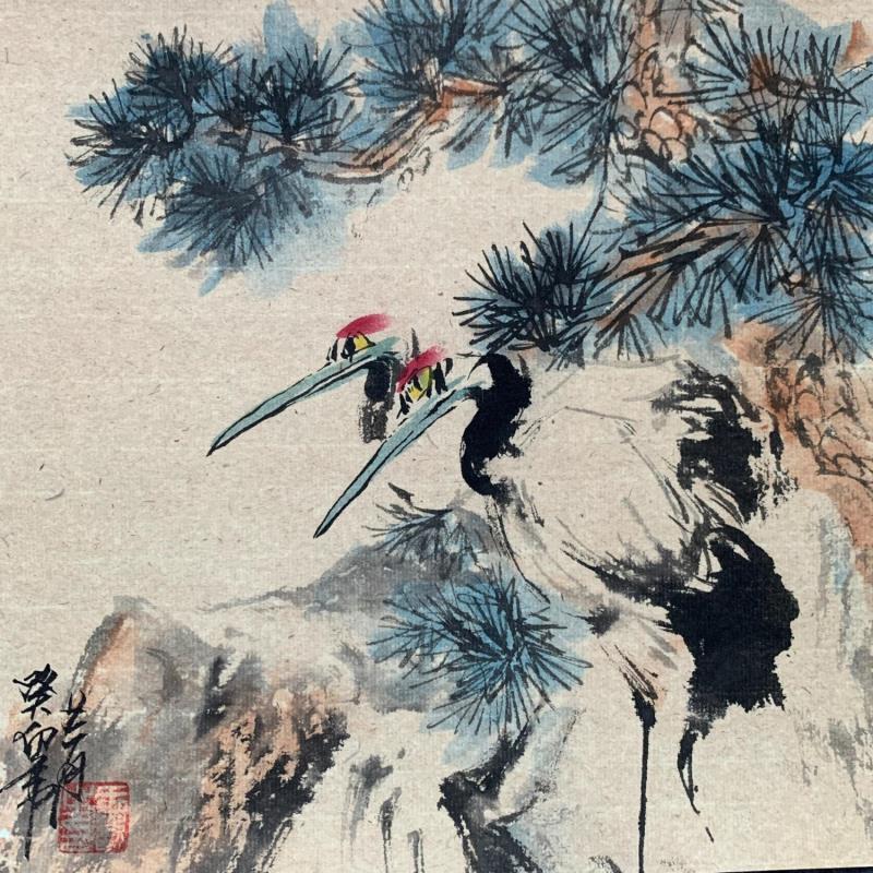 Peinture Crane & Pine par Yu Huan Huan | Tableau Figuratif Paysages Animaux Encre