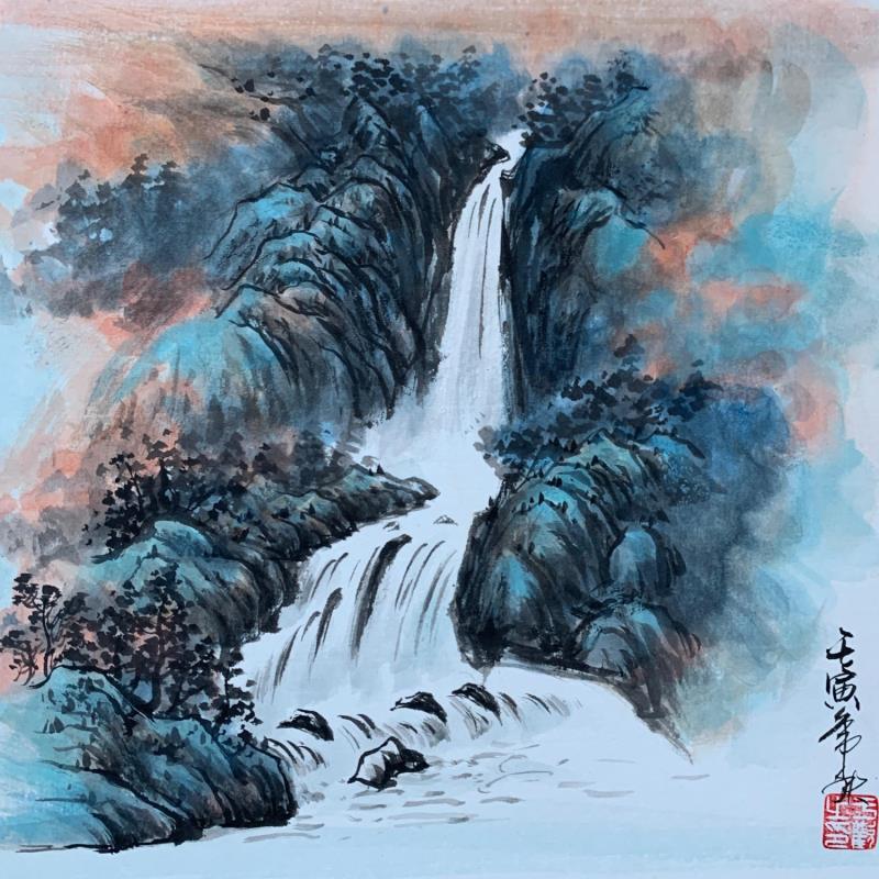 Painting Waterfall 2 by Yu Huan Huan | Painting Figurative Landscapes Ink