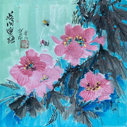 Gemälde Bees talk in Flowers von Yu Huan Huan | Gemälde Figurativ Tinte Stillleben, Tiere