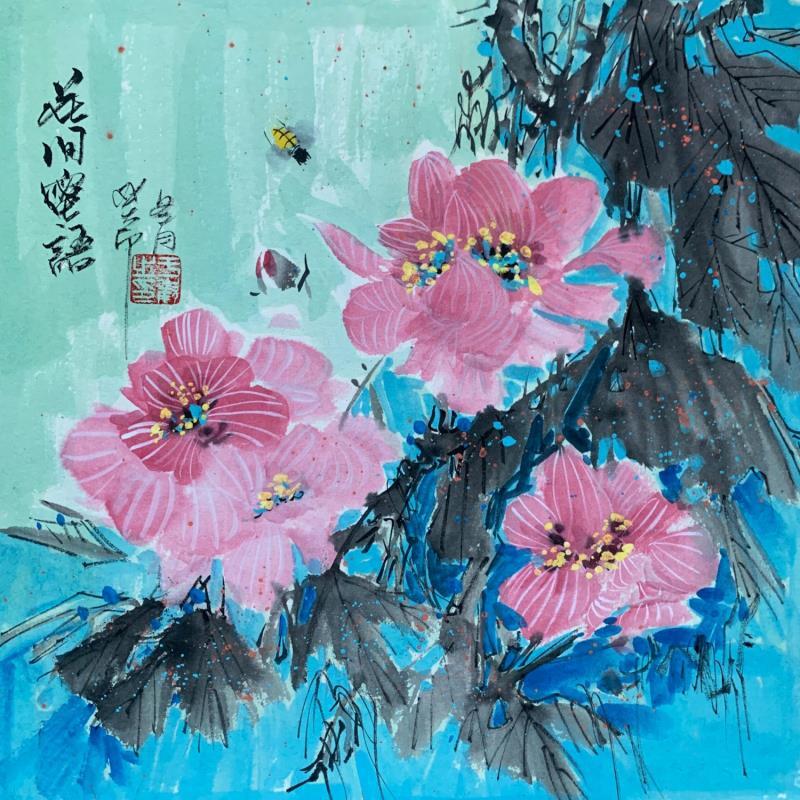 Painting Bees talk in Flowers by Yu Huan Huan | Painting Figurative Ink Animals, still-life
