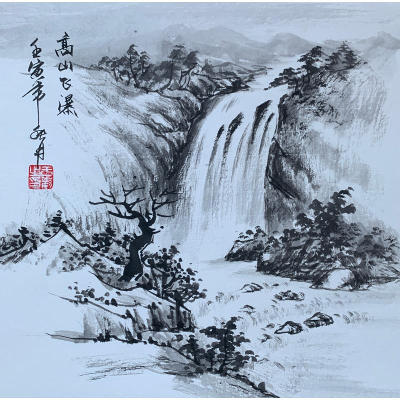Gemälde Waterfall 10 von Yu Huan Huan | Gemälde Figurativ Tinte Landschaften, Schwarz & Weiß