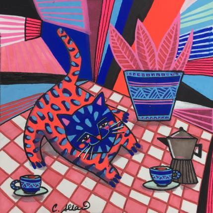 Peinture Le chat et le petit déjeuner par Allard Lucy  | Tableau Art Singulier animaux, scènes de vie