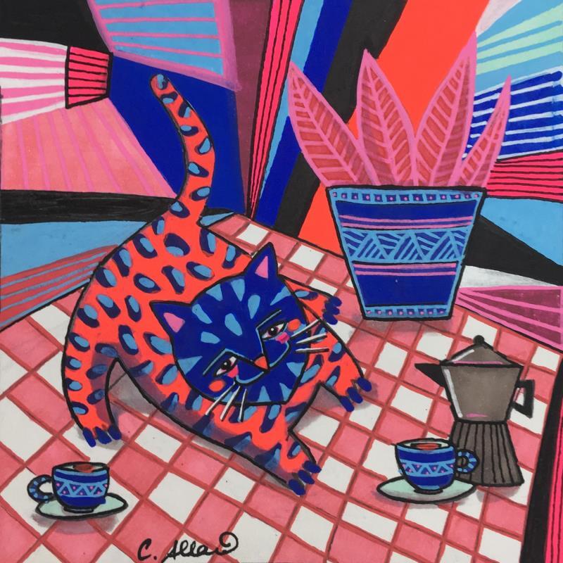 Peinture Le chat et le petit déjeuner par Allard Lucy  | Tableau Art Singulier Scènes de vie Animaux