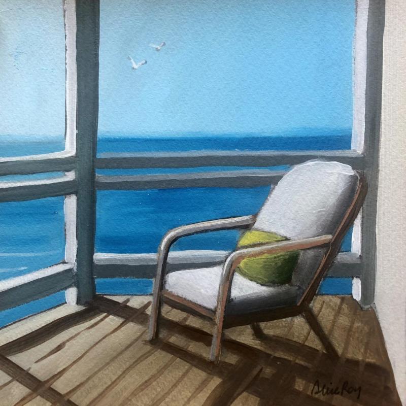 Peinture Le fauteuil au coussin vert, sur la terrasse par Alice Roy | Tableau Figuratif Marine Huile Acrylique