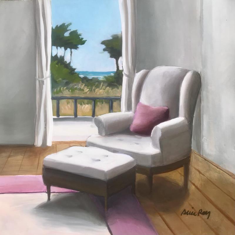 Gemälde Le gros fauteuil au coussin rose von Alice Roy | Gemälde Figurativ Alltagsszenen Öl Acryl