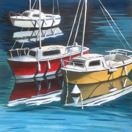 Painting Les bateaux rouges et jaunes by Alice Roy | Painting Figurative Acrylic, Oil Marine