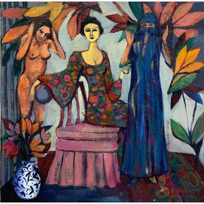 Peinture Three women par Machi x Silvina Sundblad | Tableau Figuratif Scènes de vie Huile
