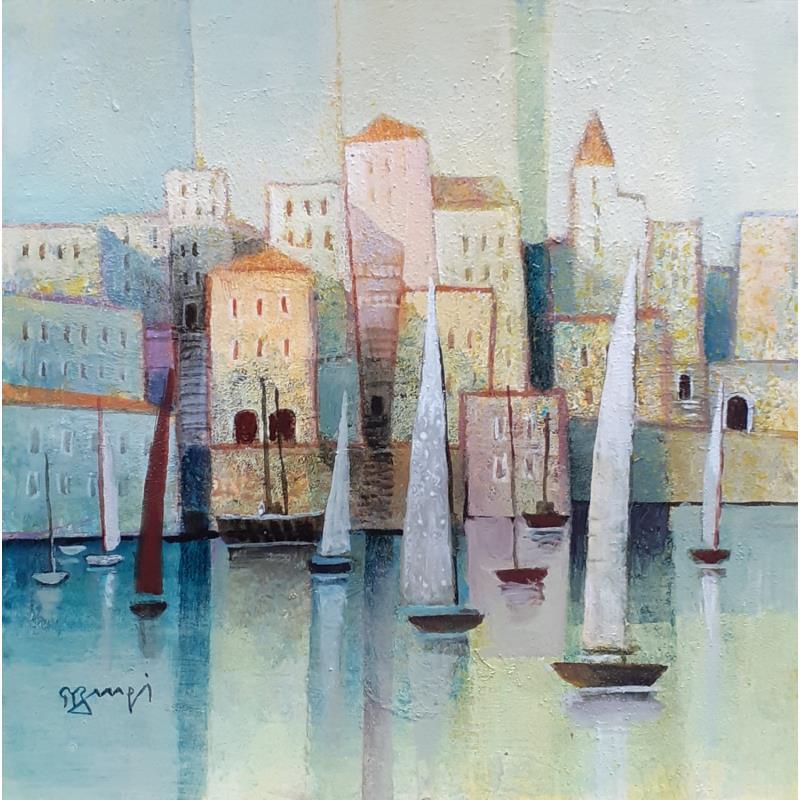 Painting AO76  VILLE PORTUAIRE  2 by Burgi Roger | Painting Figurative Landscapes Urban Marine Acrylic