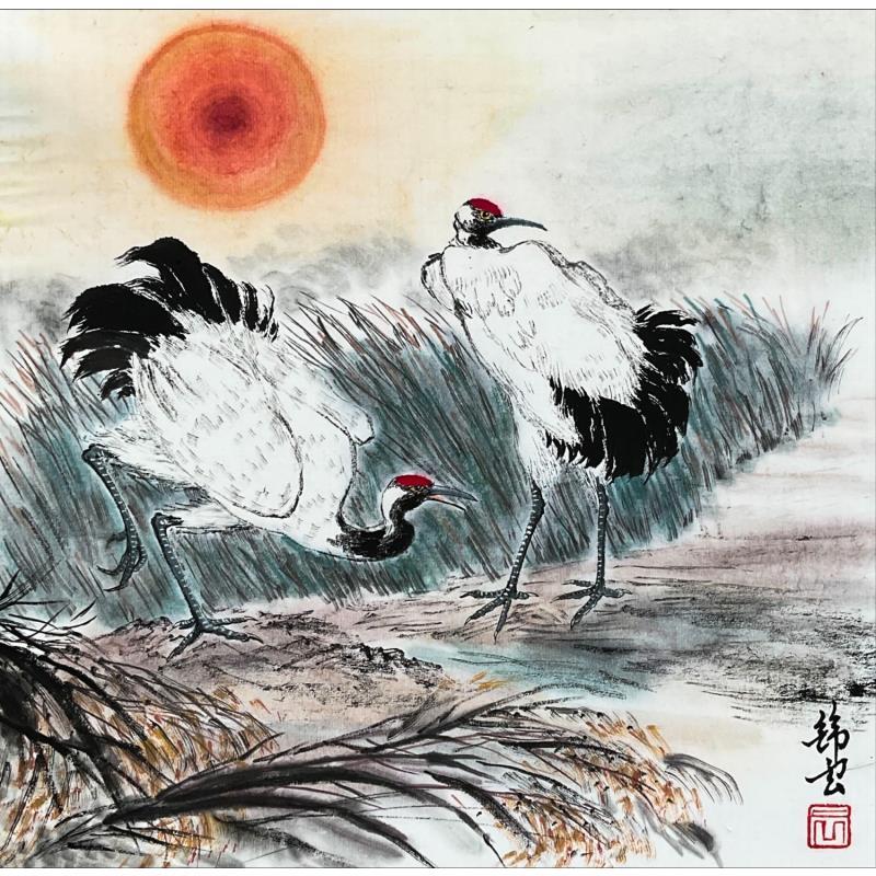Peinture Grues et couché de soleil par Tayun | Tableau Figuratif Encre animaux