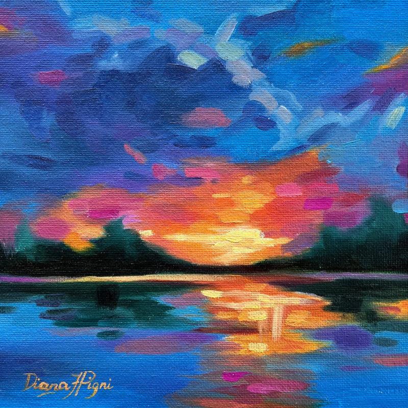 Painting Sunset on the Lake by Pigni Diana | Painting Impressionism Oil Landscapes, Pop icons