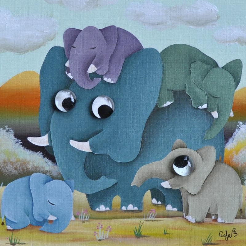 Painting Elephants by Lennoz Raphaële | Painting Illustrative Mixed Animals