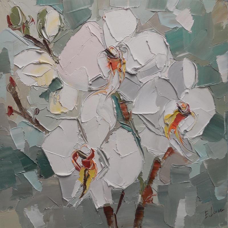 Painting White blooming orchid by Lunetskaya Elena | Painting Figurative Landscapes Still-life Minimalist Cardboard Oil