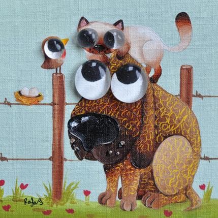 Painting Le chat, le chien et l'oiseau by Lennoz Raphaële | Painting Illustrative Mixed Animals