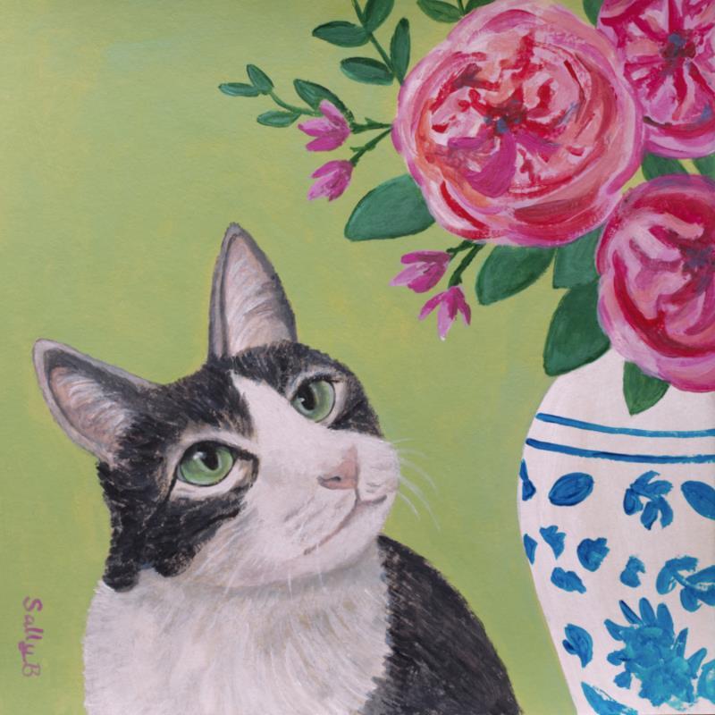 Painting Chat avec pivoine dans un vase by Sally B | Painting Raw art Acrylic Animals, Pop icons, still-life