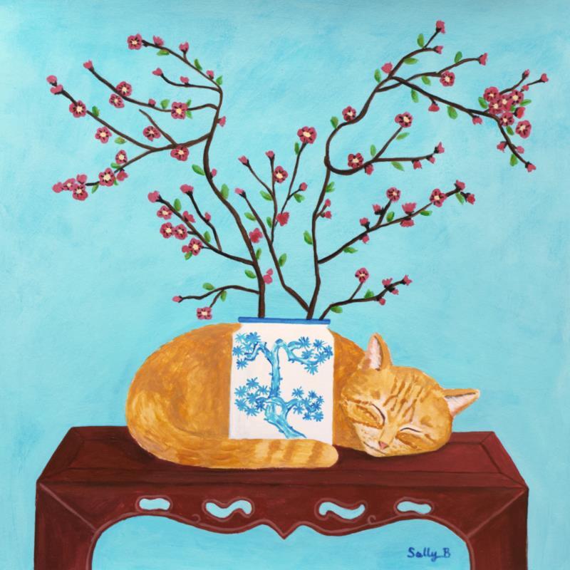 Painting Chat et fleurs cerisier sur une table chinoiserie by Sally B | Painting Raw art Acrylic Animals, Child, still-life