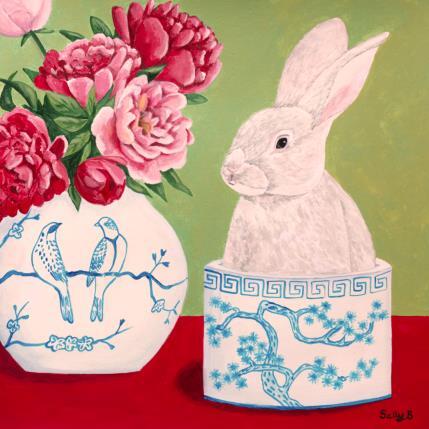 Painting Lapin avec pivoines dans un vase oiseaux by Sally B | Painting Raw art Acrylic Animals, Child, still-life