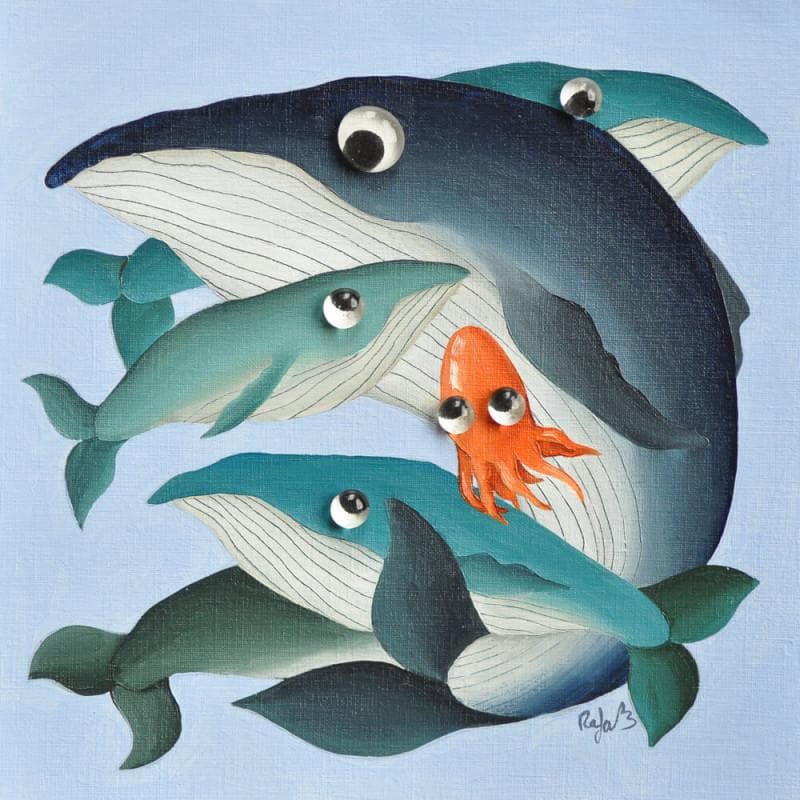 Peinture Le calamar par Lennoz Raphaële | Tableau Art naïf Huile animaux