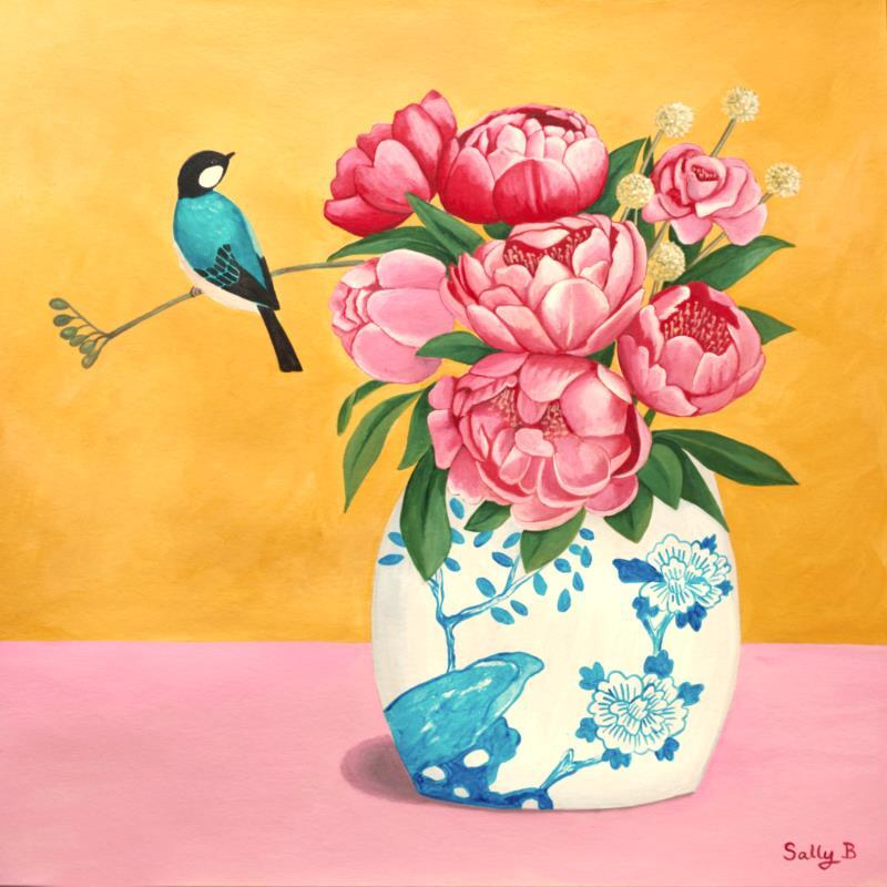 Painting Oiseau bleu noir et pivoines dans un vase by Sally B | Painting Raw art Acrylic still-life