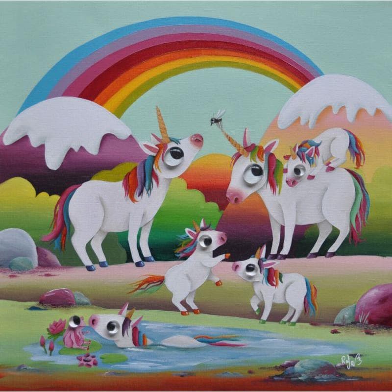 Painting Unicorns land by Lennoz Raphaële | Painting Naive art Oil Animals