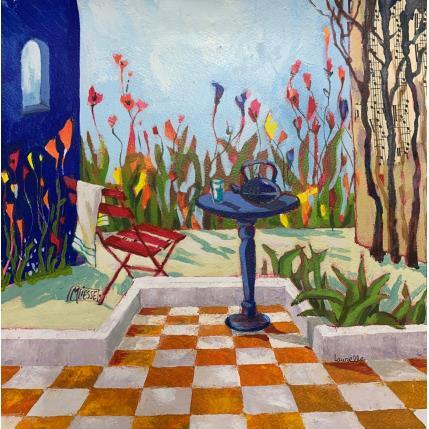 Gemälde Sur la terrasse en fleurs  von Laurelle Bessé x Marie Liesse Bertre | Gemälde Figurativ Öl Alltagsszenen