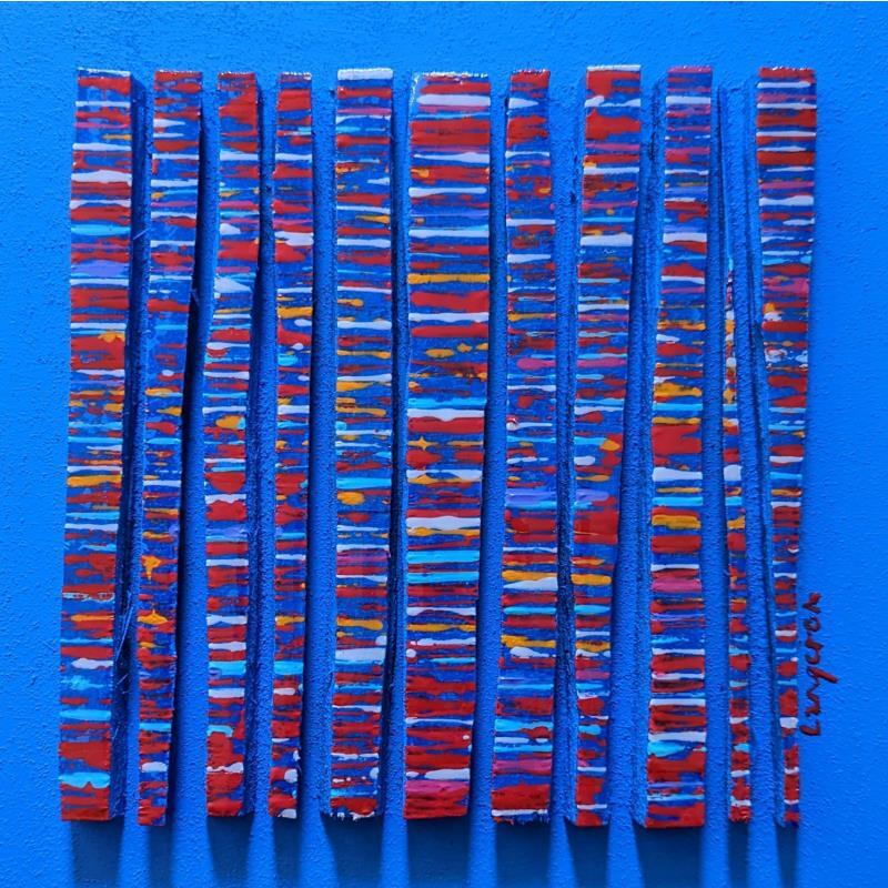 Peinture Bc11 fine rouge bleu sur bleu par Langeron Luc | Tableau Abstrait Bois Acrylique Résine