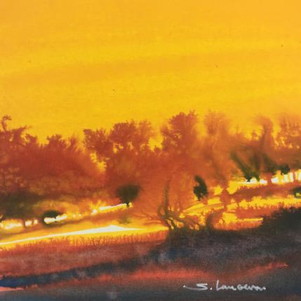Peinture Crépuscule rouge par Langeron Stéphane | Tableau Matiérisme Aquarelle Paysages