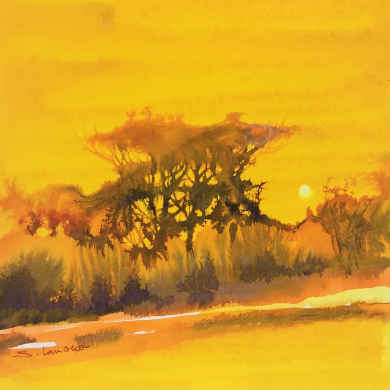 Peinture Coucher de soleil jaune par Langeron Stéphane | Tableau Matiérisme Aquarelle Paysages