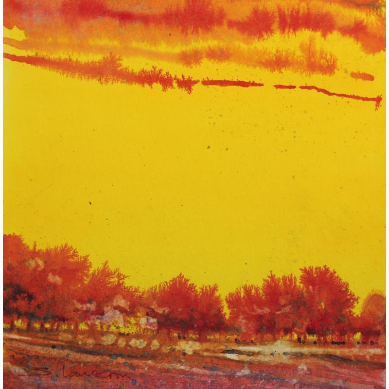 Painting Haie d'arbres sur un ciel jaune by Langeron Stéphane | Painting Subject matter Watercolor
