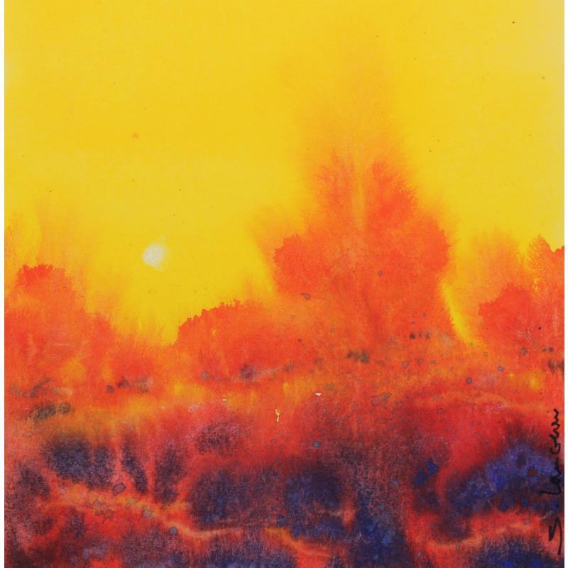 Peinture Lever de soleil jaune par Langeron Stéphane | Tableau Matiérisme Aquarelle