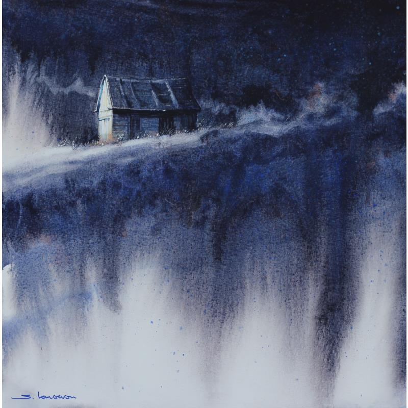 Peinture Dernière lumière sur la cabane en bois par Langeron Stéphane | Tableau Matiérisme Aquarelle